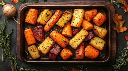 A top-down view of a tray of roasted root vegetables, including carrots, parsnips, and beets, sprinkled with fresh herbs and sea salt, placed on a wooden board surrounded by herbs and autumn leaves.