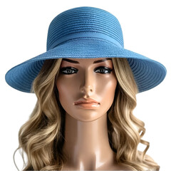 Women's blue sun hat on a mannequin head display with transparent background