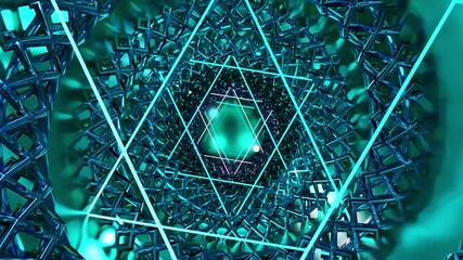 Wall Mural - Abstract background 3D animation moving through shiny glass metal and neon lights tunnel, loop