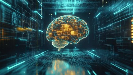 Poster - Abstract brain hologram background. Digital brain. Brain Artificial Intelligence Concept. Brain activity. Brain anatomy. Science showing the human brain. Human brain animation. Copy space area