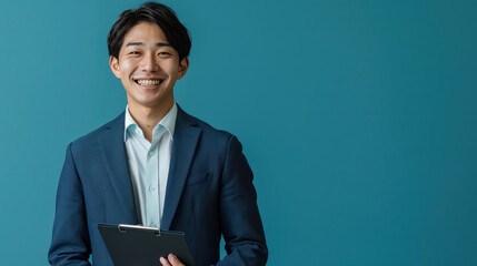 Smiling young man in suit holding clipboard against teal background, exuding confidence and professionalism.