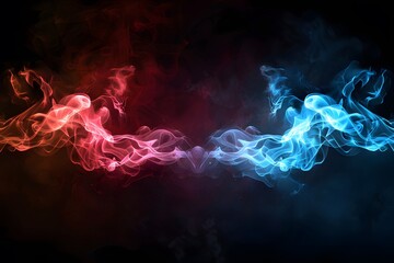 Poster - Dynamic Fusion of Red and Blue Smoke on a Dark Background