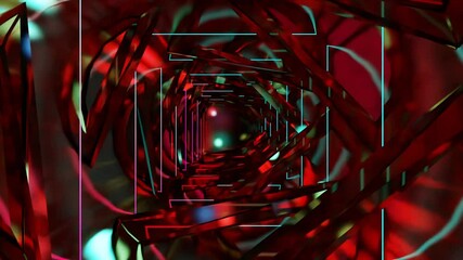Wall Mural - Abstract background 3D animation moving through shiny glass metal and neon lights tunnel, loop