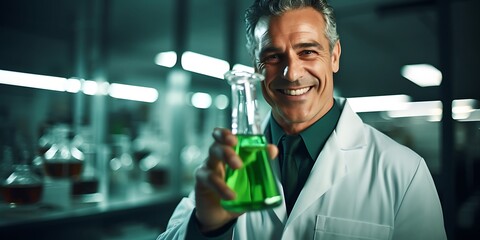 Wall Mural - Scientist holding a flask with green liquid in a modern chemical lab.