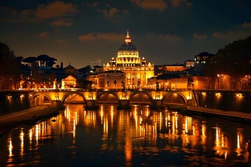 Enchanting Night View of St. Peter's Basilica and the Tiber River in Rome