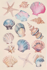 Wall Mural - A vintage pastel shell illustration with a variety of shells arranged on a beige background. In vintage