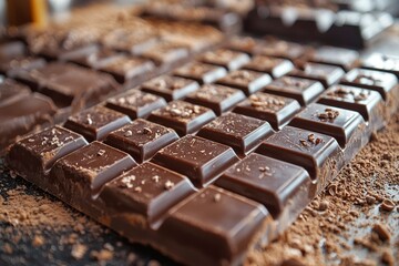 Close-up of Dark Chocolate Bar with Cocoa Nibs and Powder