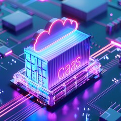Poster - Futuristic 3D illustration of cloud-based container-as-a-service (CaaS) technology in vibrant colors.