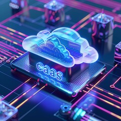 Poster - Futuristic cloud computing concept with neon light visuals, representing cloud as a service (CaaS) on advanced circuit board.