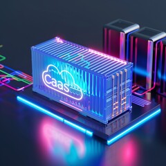 Poster - Futuristic digital illustration of container as a service (CaaS) concept with vibrant neon lights and digital technology elements.