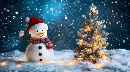 snow man on snow floor and christmas tree