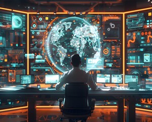 Poster - Futuristic office with a person monitoring global data on screens, showcasing technology and analytics in a vibrant environment.