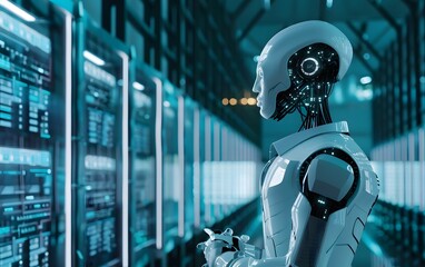 Poster - Futuristic robot analyzes data in a high-tech environment, showcasing advanced technology and artificial intelligence concepts.