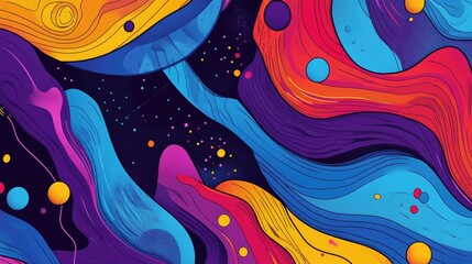 Colorful line art illustration featuring abstract shapes splashes and bursts for a vibrant wallpaper design