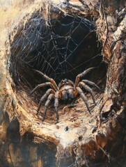 Oil painting depicting a spider in its nest showcasing intricate details of the web and the spider s natural habitat