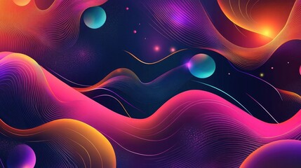 Vibrant line art illustration featuring luminous colors and light effects depicting an abstract background with waves and circles