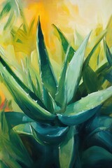 Wall Mural - Close up oil painting of Aloe Vera in a garden setting