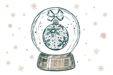 Wall Mural - Christmas snow globe with ball, Hand drawn vector illustration.