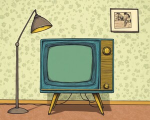 Wall Mural - Line art illustration featuring a cartoon style television