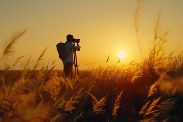 Wall Mural - Capturing the Golden Hour: A Photographer in a Field at Sunset