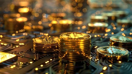 Poster - Stack of Bitcoin cryptocurrency coins with circuit board for Concept of digital nature foundation of cryptocurrency technology.