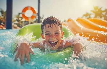 Poster - A boy is sliding down the water's chute, his hands up, he's happy and having fun at the water park.