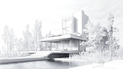 Poster - line art illustration showcasing a 3d architectural rendering concept design