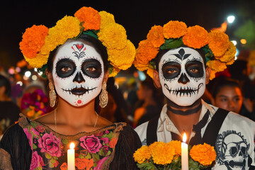 Women with face paint and marigold flower crowns, holding candles during a nighttime celebration