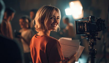 Sticker - A female blonde influencer with short hair smiling and holding papers in her hand, standing on the set of an overly exaggerated commercial.