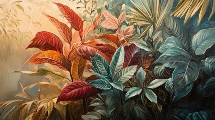 Oil painting showcasing a stunning arrangement of leaves against a backdrop of natural light
