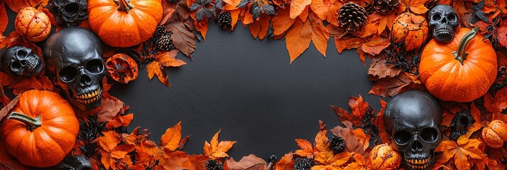 A Halloween-themed composition featuring pumpkins, pine cones, and black skulls with autumn leaves creating a festive yet eerie seasonal display perfect for decoration.