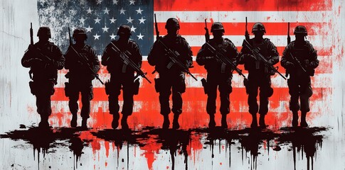 American soldiers' silhouettes with flag, digital art in red, white, and blue