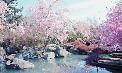 Wall Mural - A scenic Japanese garden with cherry blossoms in full bloom surrounding a still pond. The vibrant pink flowers reflect on the water, creating a serene and calming view. Generative Ai