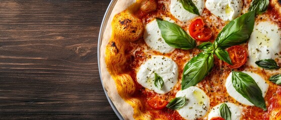 Golden-crusted Margherita pizza topped with fresh mozzarella and basil, vibrant colors and rich textures emphasizing authenticity