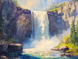 Wall Mural - Stunning oil painting of a magnificent waterfall showcasing its natural beauty and vibrant colors