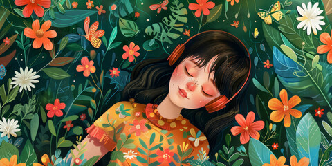 Banner background with Peaceful girl with headphones lying among vibrant flowers and leaves, surrounded by nature and butterflies. Green foliage, orange flowers, various plants, tranquil scene 