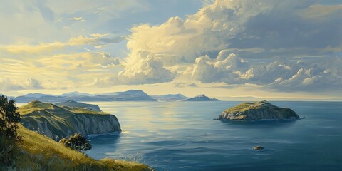 Wall Mural - Oil painting depicting a stunning seascape with islands showcasing a beautiful blend of water and sky in a captivating coastal scene