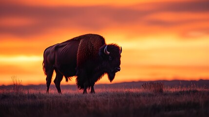 Poster - A striking shot of a bison standing alone on the plains with a fiery sunset sky in the background, creating a dramatic contrast.