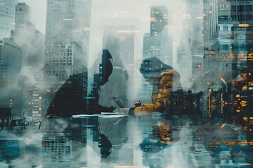 Fototapete - Urban Collaboration: A Double Exposure of City Life and Creative Minds