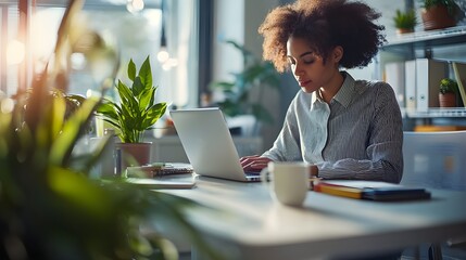 A stock photo of a young professional working intently at their desk in a sleek, modern office.