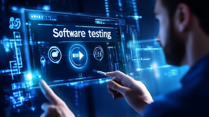 A businessman selecting 'Software Testing' on a virtual screen