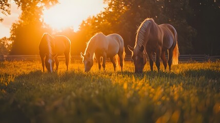 Poster - A peaceful photograph of horses grazing in a pasture with the setting sun casting a golden glow over the scene.