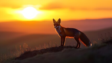 Canvas Print - A captivating shot of a red fox standing atop a hill with the sun setting behind rolling hills, creating a dramatic backdrop of shadows and light.