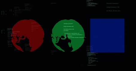 Poster - Computer code animation over red and green globes and blue rectangle