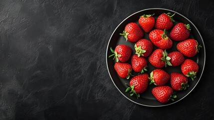 Strawberries arranged on a tin plate against a black background. Top view