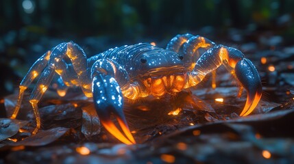 Wall Mural - A glowing crab in a forest setting, highlighting bioluminescence.