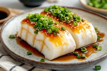 A plate of steamed tofu topped with green onions and sauce, showcasing a delicious dish.