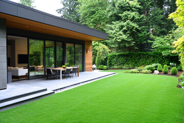 Wall Mural - the exterior front view of an off-grid modern farmhouse-style home with concrete pavers on very short green grass, large windows, and patio furniture in the background.