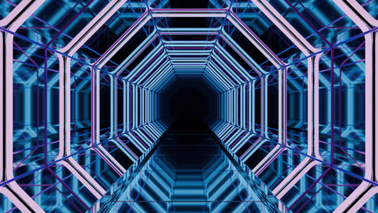 Fototapete - Ice color background with flying inside neon blue tunnel. Design. Corridor of hexagon silhouettes.