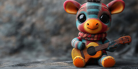 Cute striped animal playing a small guitar, sitting in a cozy, rustic background, with colorful patterns and a cheerful and musical mood